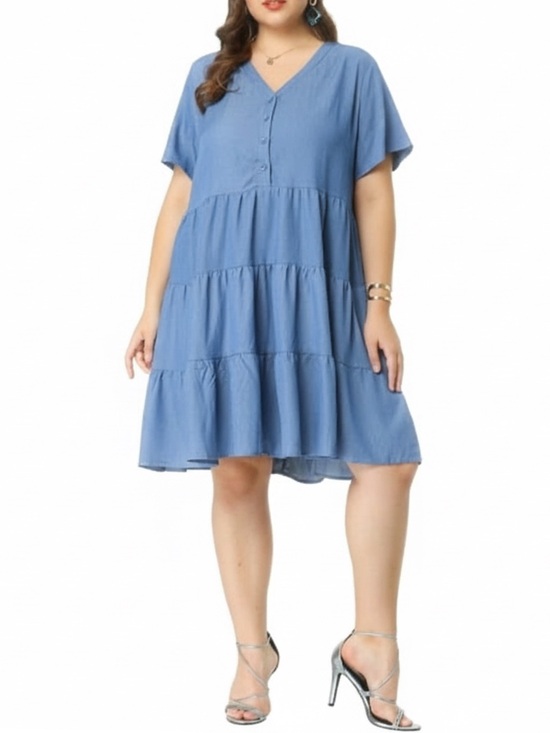 Dresses & Skirts - Tiered V-Neck 1/2 Button Up Dress • NWT • 23" p2p, 40.5" length